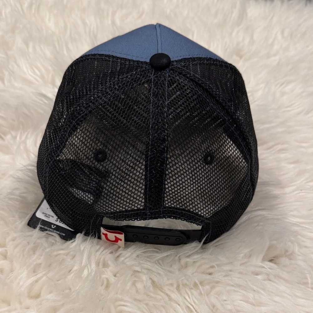 NWT True Religion Blue and Black Logo Trucker Hat